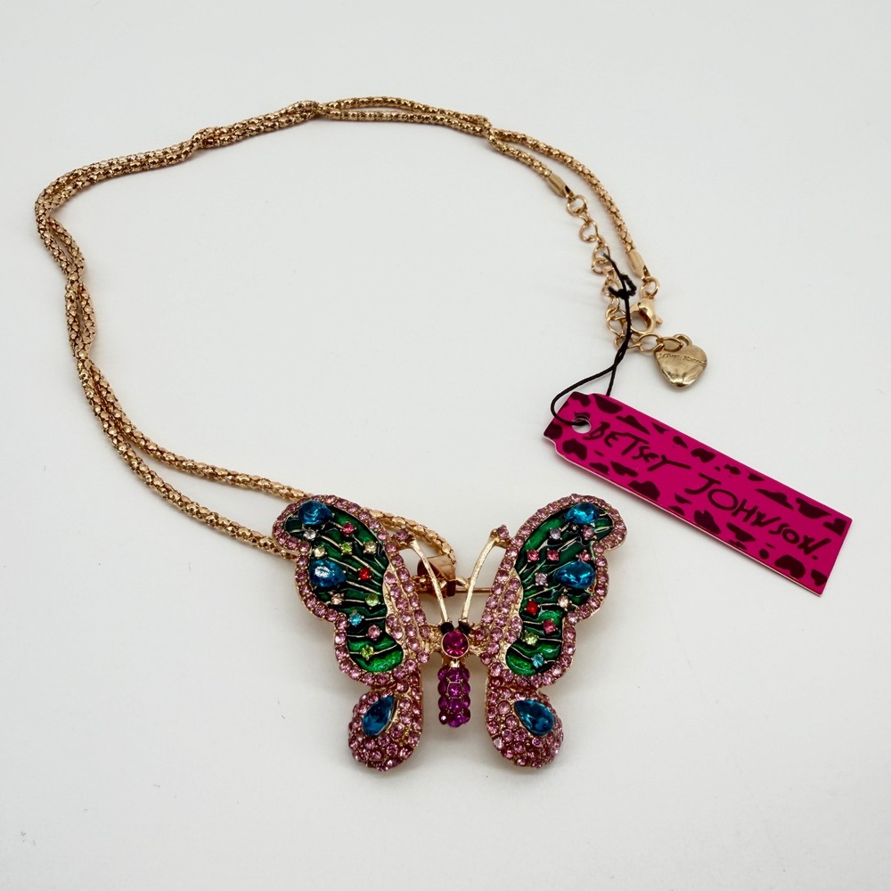 Betsey Johnson Crystal Butterfly Pendant Necklace Gold Pink NEW